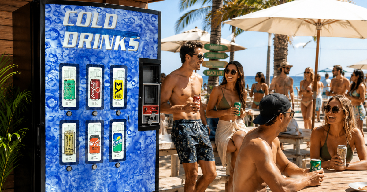 Cold drink vending machine serving bottled and canned beverages at a busy summer beach location