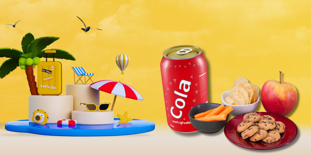 Summer vending display with a cold soda can and healthy snack options