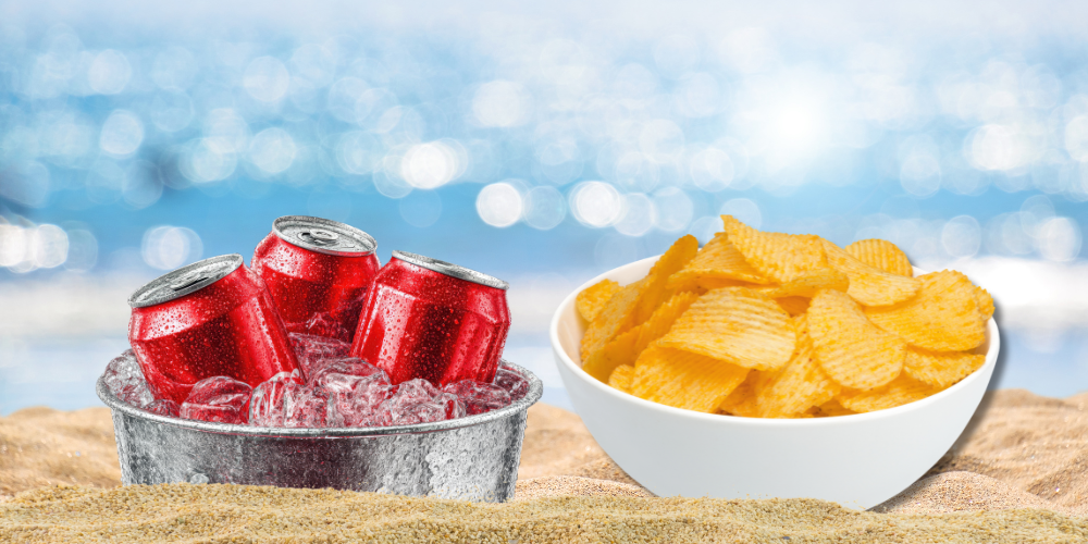 Cold drinks and potato chips for summer vending machine refreshment options