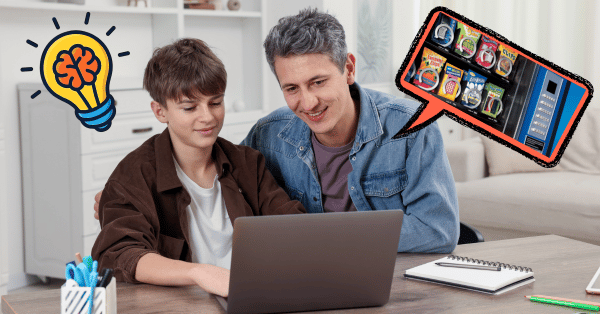 Vending entrepreneur mentoring children in a hands-on business setting, illustrating how family vending businesses teach responsibility and financial skills