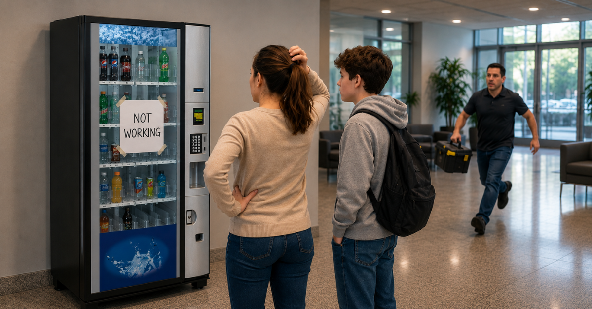 Customers looking at an out-of-service vending machine while a technician arrives to repair the frequent downtime issue.