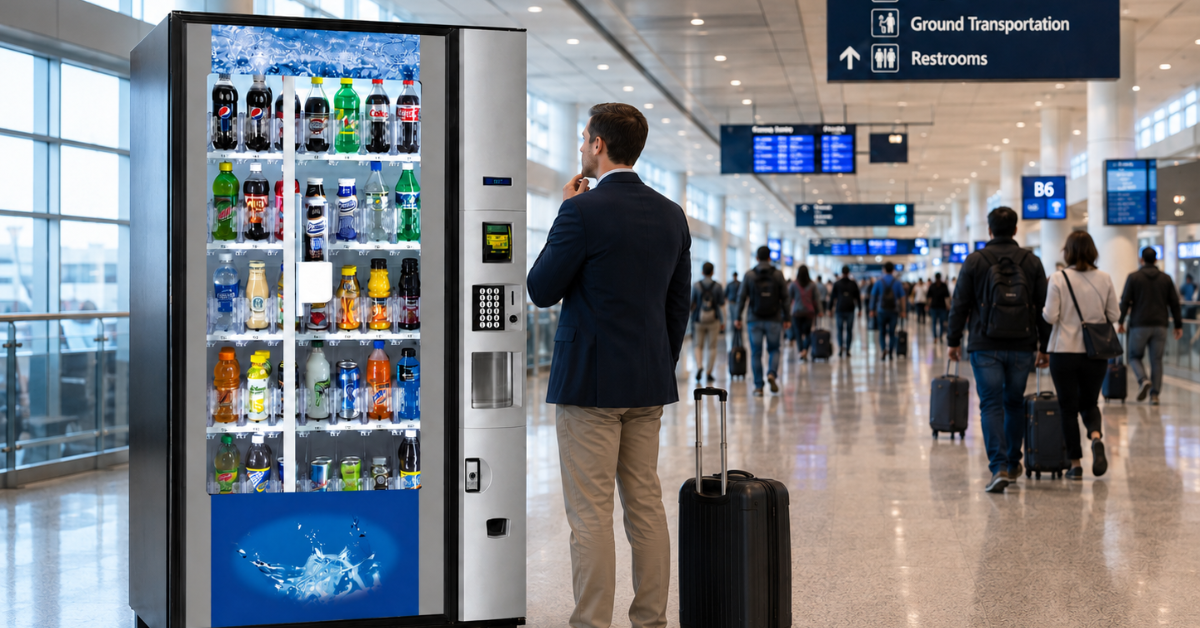 Beverage vending machine placed in a busy airport walkway to attract travelers and support vending machine sales