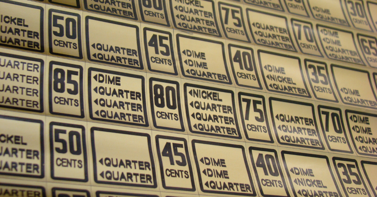 Vending machine price labels representing product pricing, budgeting, and cash flow planning