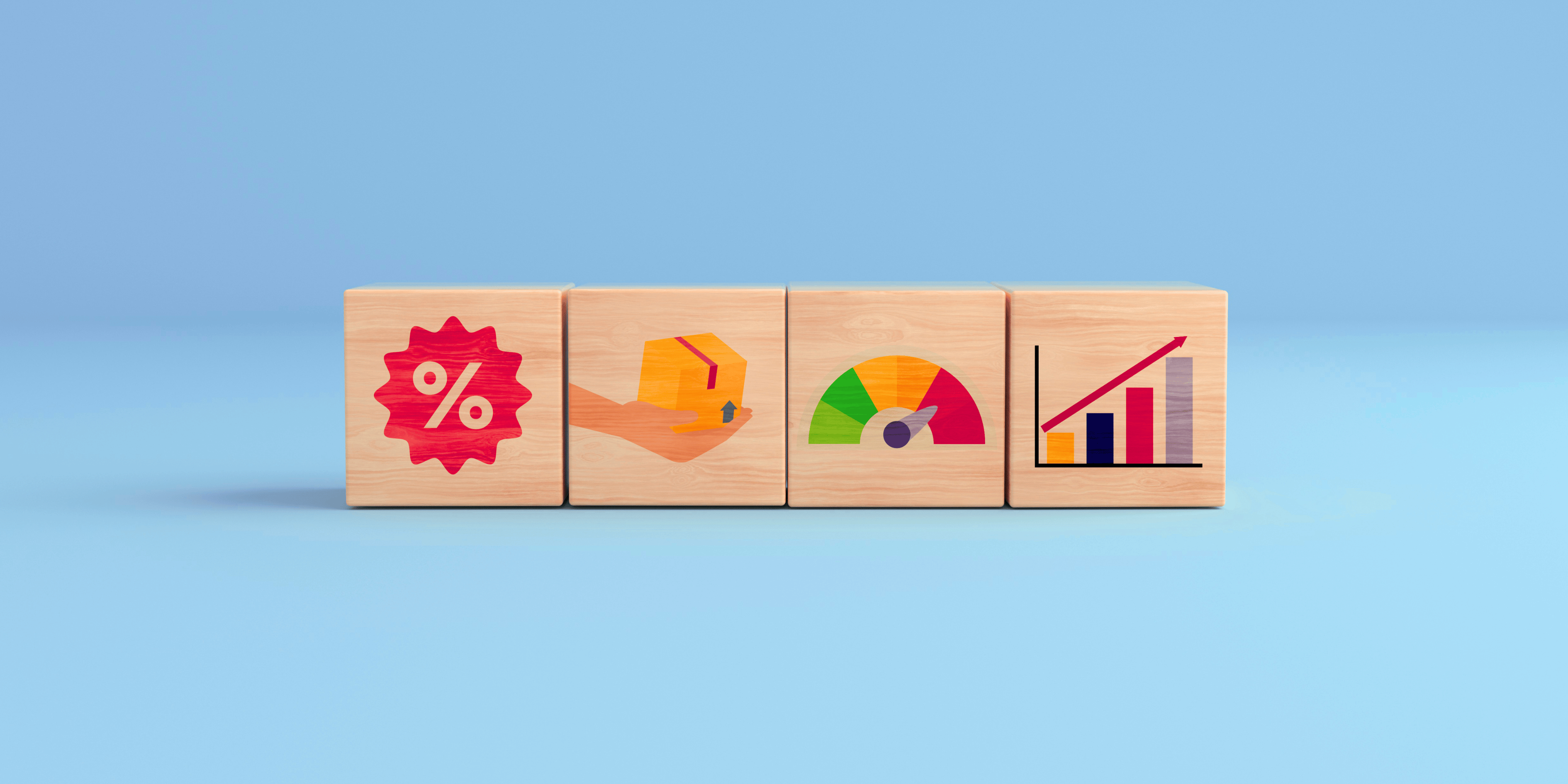 Wooden blocks showing pricing, package handling, performance gauge, and growth chart to represent vending machine location strategy