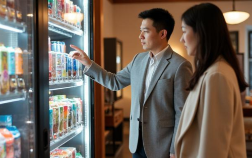 Business professionals selecting items from a vending machine