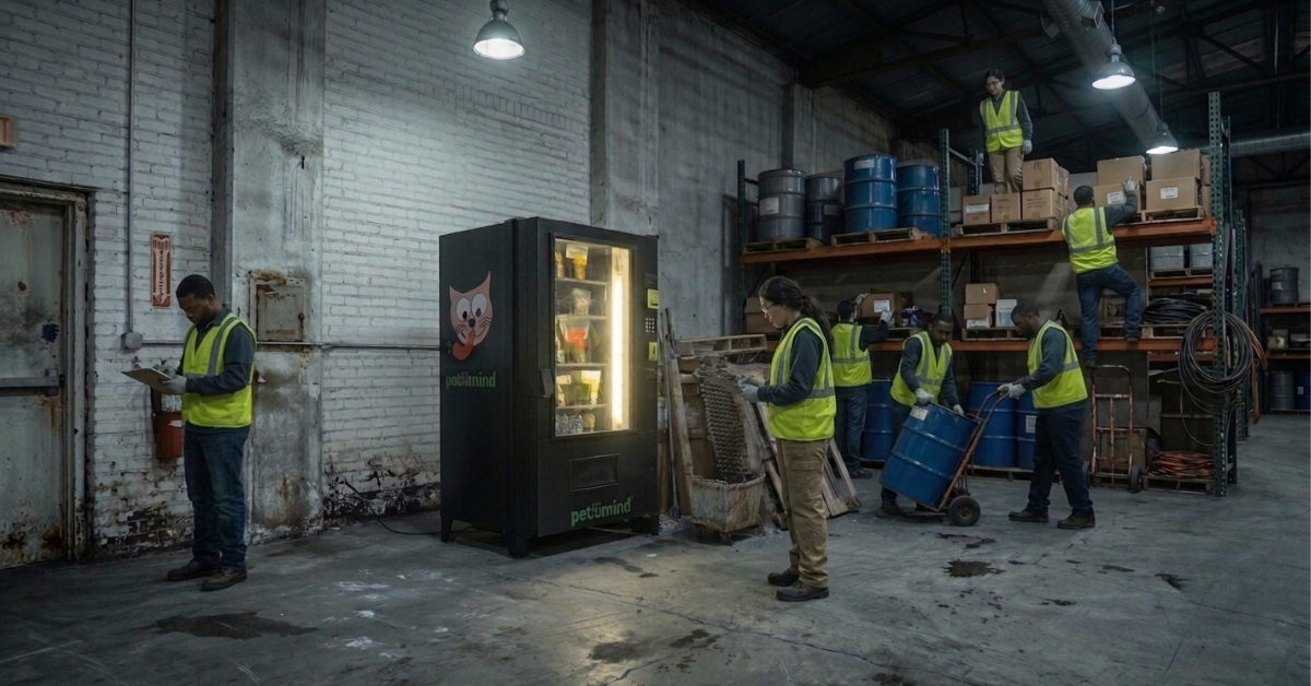 Vending machine placed in a low-traffic warehouse area, illustrating the risk of choosing the wrong vending machine location.
