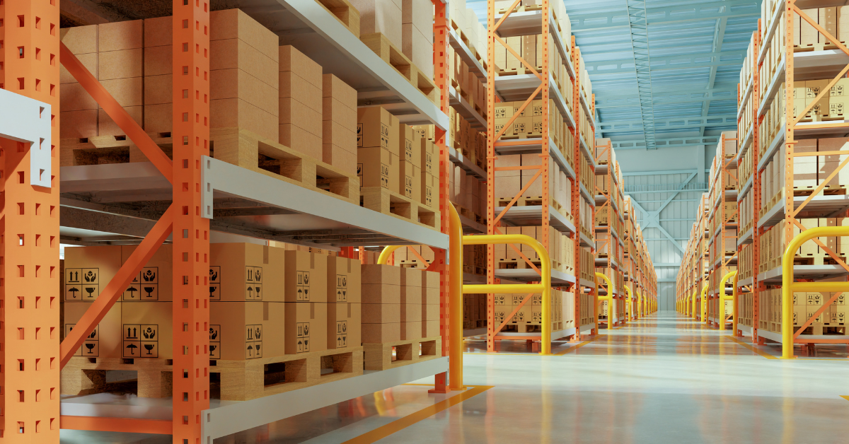 Warehouse shelves filled with boxes representing wholesale inventory sourcing for vending machine products