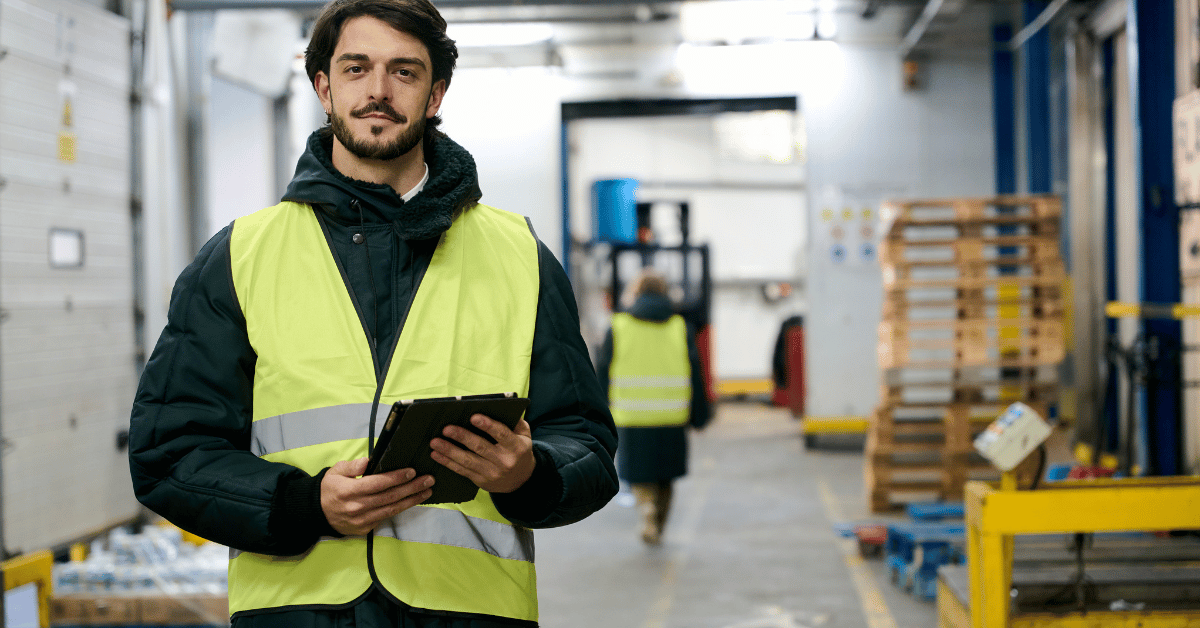 Warehouse logistics professional wearing a safety vest and using a tablet inside a distribution facility, representing organized inventory management and operational control