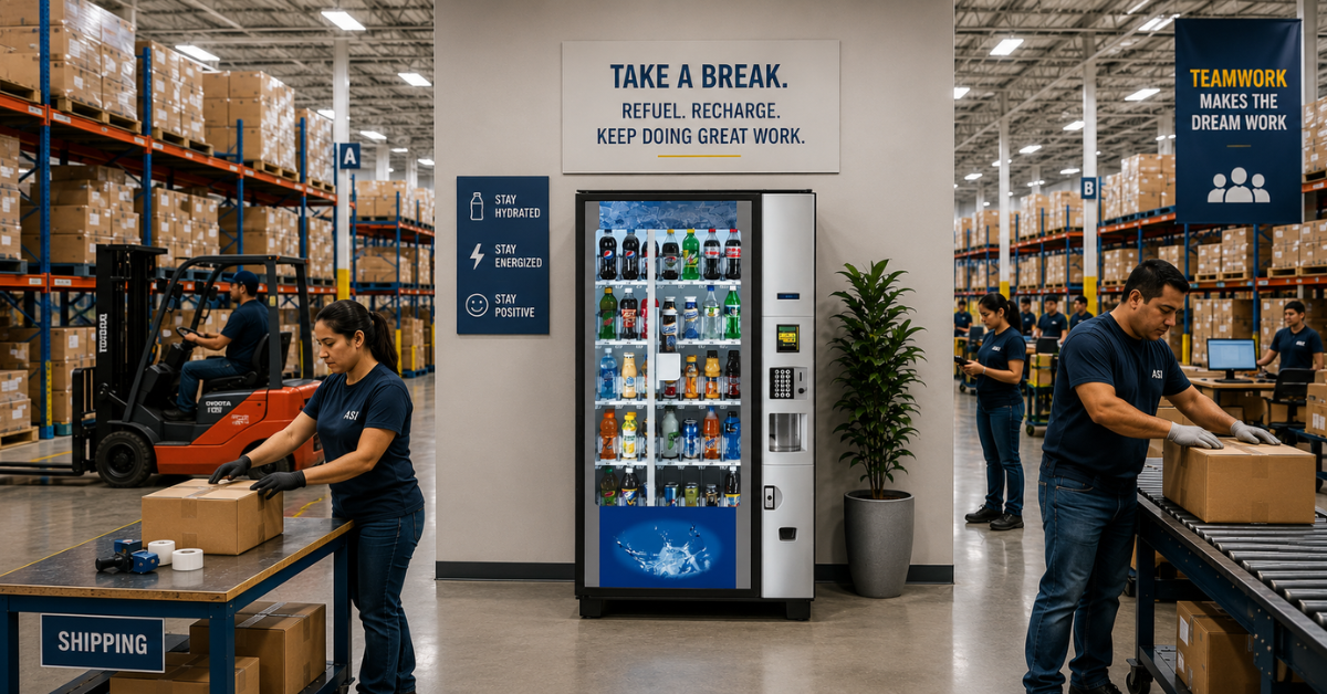 Warehouse shift workers near a vending machine during daily shipping and fulfillment operations