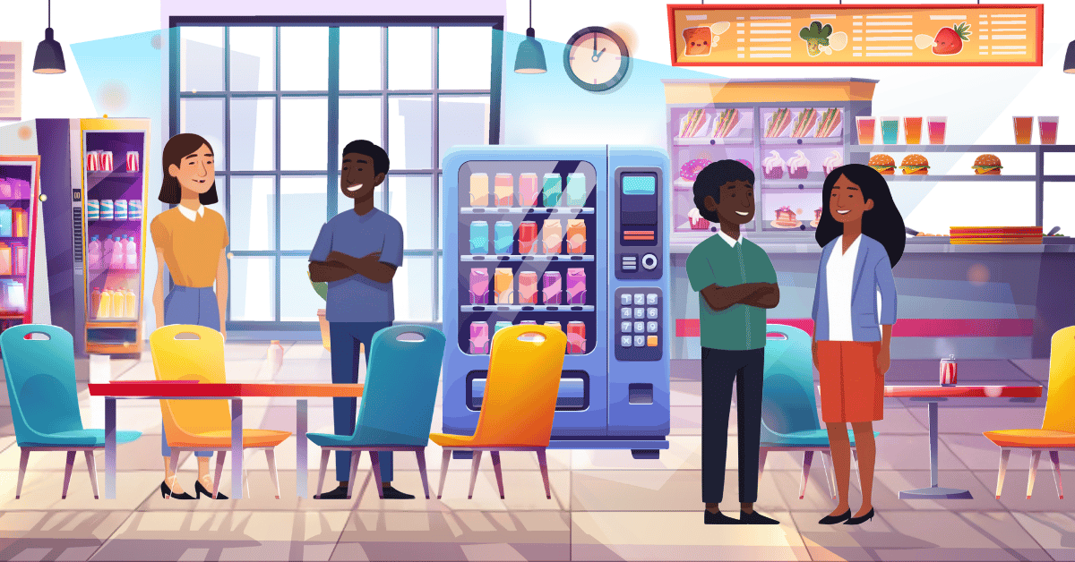 Employees gathered in a workplace breakroom near a vending machine, representing team collaboration, convenience, and accessible food and beverage options