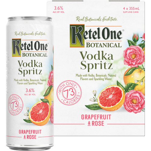 Artfully infused with real botanicals, natural fruit essence and sparkling water, Ketel One Botanical Vodka Spritz Grapefruit & Rose offers an enticing new way to enjoy vodka. Made with exceptionally smooth, Non-GMO Ketel One Vodka and stored in a slim ready-to-enjoy can, this drink features the zesty taste of freshly squeezed grapefruit with a touch of rose. Ketel One Botanical Vodka Spritz Grapefruit & Rose is gluten-free and contains no artificial sweeteners, added sugars or artificial colors. Includes one 7.2 proof 12 fl oz can of Ketel One Botanical Vodka Spritz Grapefruit & Rose.