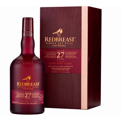 The oldest permanent release in the Redbreast family, 27 Year Old is a Single Pot Still Irish Whiskey comprised exclusively of Pot Still whiskeys which have been triple distilled, matured in the finest bourbon, sherry and ruby port casks for no less than 27 years, and bottled non-chill filtered and of natural color at cask strength.