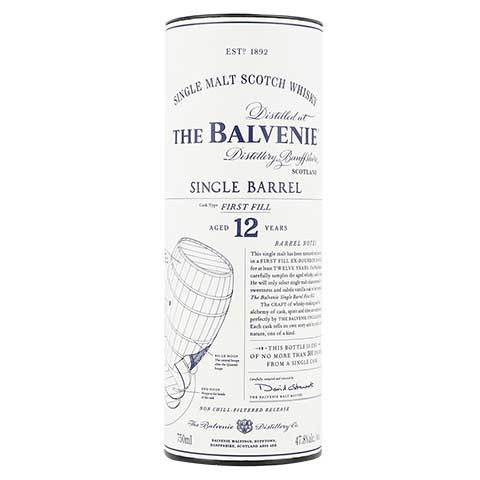 The Balvenie Single Barrel 12 Year Old Single Malt Scotch Whisky is aged in ex-bourbon casks known as ‘First Fill’, carefully sampled and selected by The Balvenie Malt Master. Whilst no two casks will ever produce an identical single malt, because of the careful sampling and selection by our malt master, The Balvenie Single Barrel First Fill has a consistent character that is rich and complex with a deep vanilla oakiness. Honey notes are overlaid with sweet fruits and subtle spices. Best enjoyed neat, on the rocks or with a splash of water. Handcrafted to be enjoyed responsibly. Kosher Certified
