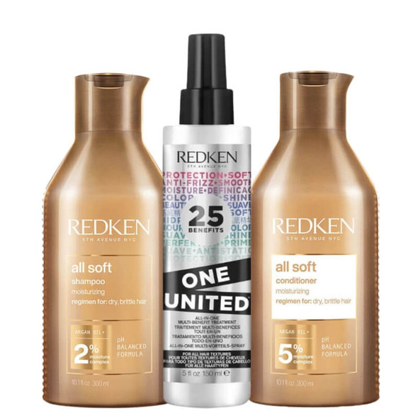 Redken All Soft Shampoo, Conditioner and One United Multi-Benefit Leave In Conditioner Spray Hydrating Bundle for Dry Hair