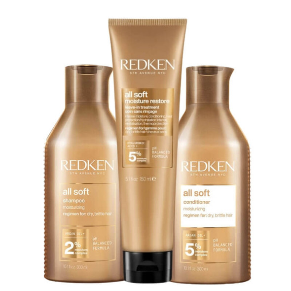 Redken All Soft Shampoo, Conditioner and Moisture Restore Leave In Treatment, Hydrating Bundle, Softness & Shine, for Dry Hair
