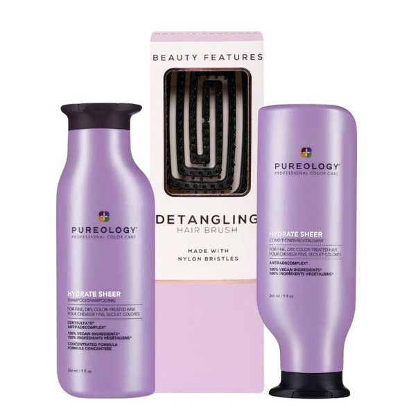 Pureology Hydrate Sheer Shampoo & Conditioner With FREE BeautyFeatures Detangling Hairbrush
