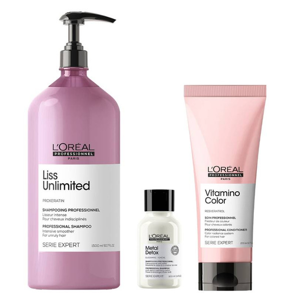 L'Oréal Professionnel Liss Unlimited Shampoo 1500ml + Vitamino Conditioner 200ml PLUS FREE Metal Detox Anti-Metal Cleansing Cream Shampoo 100ml