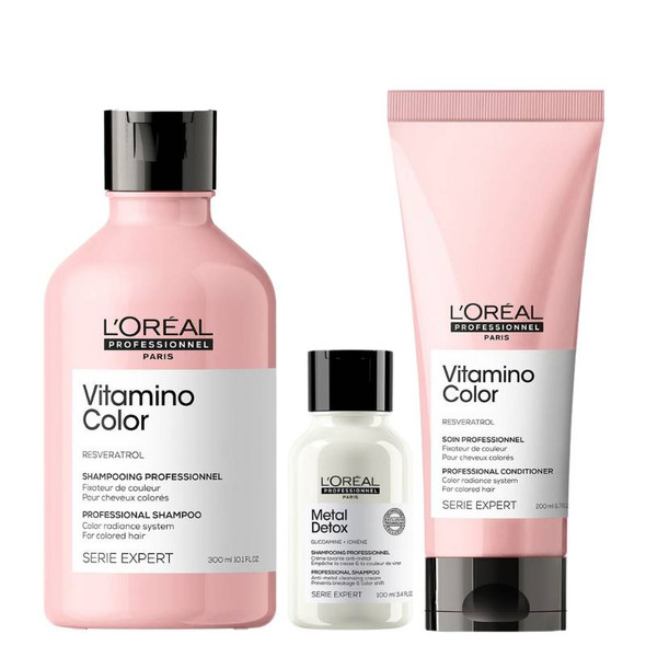L'Oréal Professionnel Vitamino Color Shampoo 300ml + Vitamino Conditioner 200ml PLUS FREE Metal Detox Anti-Metal Cleansing Cream Shampoo 100m