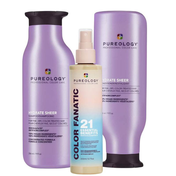Pureology Hydrate Sheer Shampoo, Conditioner and Color Fanatic Leave In Conditioner Bundle For Fine, Dry Hair