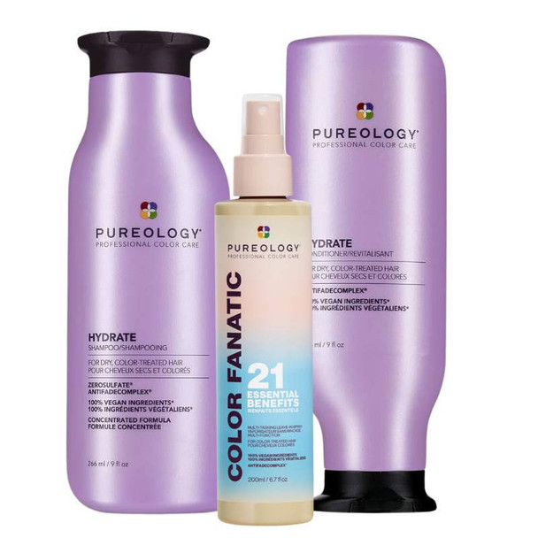 Pureology Hydrate Shampoo, Conditioner and Color Fanatic Leave In Conditioner Moisturising Bundle For Dry Hair