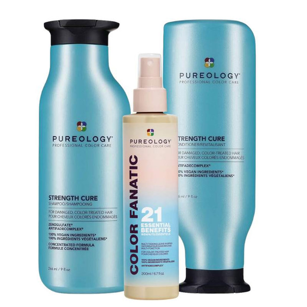 Pureology Strength Cure Shampoo, Conditioner and Color Fanatic Leave In Conditioner Bundle For Damaged Hair