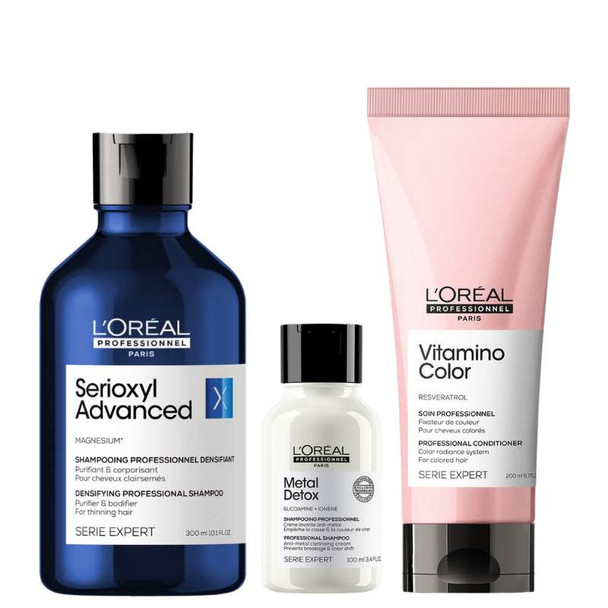 L'Oréal Professionnel Serié Expert Serioxyl Advanced Purifier & Bodifier Shampoo 300ml + Vitamino Conditioner 200ml PLUS FREE Metal Detox Anti-Metal Cleansing Cream Shampoo 100ml