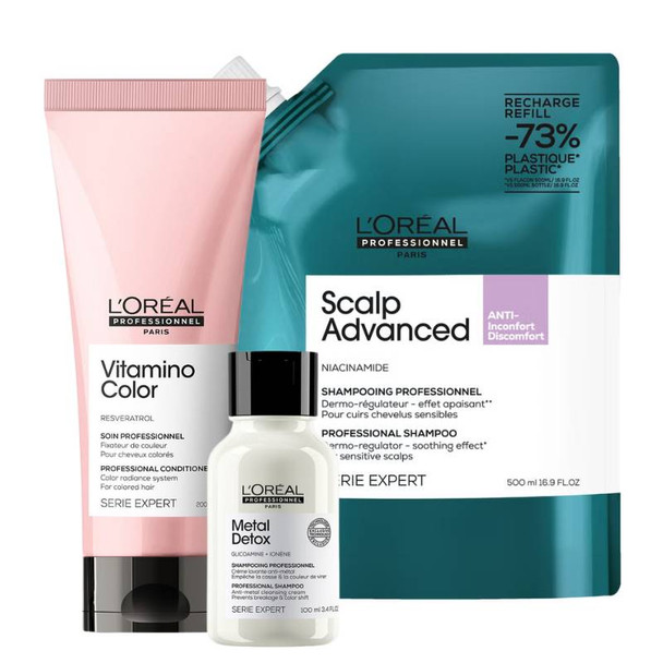 L'Oréal Professionnel Scalp Advanced Anti-Discomfort Shampoo 500ml Refill + Vitamino Conditioner 200ml PLUS FREE Metal Detox Anti-Metal Cleansing Cream Shampoo 100ml