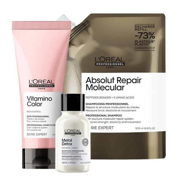 L'Oréal Professionnel Absolut Repair Molecular Shampoo Refill 500ml + Vitamino Conditioner 200ml PLUS FREE Metal Detox Anti-Metal Cleansing Cream Shampoo 100ml