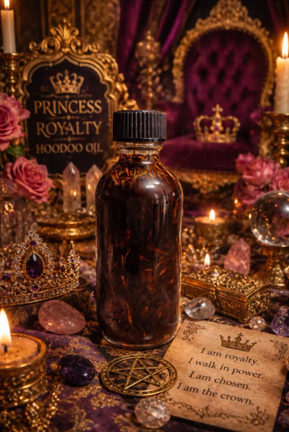 Sweet Princess Royalty Enticing Anointing Oil is crafted to awaken the power of refined femininity, blending grace, charm, and quiet authority. This oil supports attraction in love, protection of your energy, steady prosperity, and loyal connections—allowing you to move through the world with confidence and royal poise.