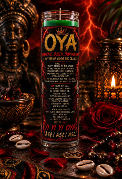 This striking Oya 7-Day Prayer Candle is designed as a powerful spiritual and altar candle inspired by Oyá, the Orisha associated with winds, storms, transformation, courage, movement, and powerful change.
