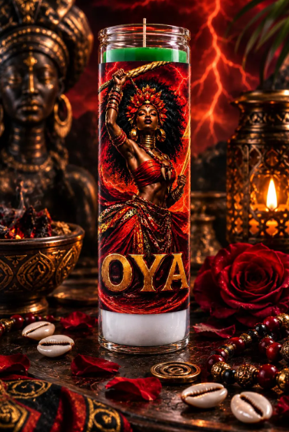 Featuring a bold red, black, and gold warrior-inspired design, this candle makes a commanding addition to an Orisha altar, ancestral space, spiritual room, meditation area, or sacred candle collection.