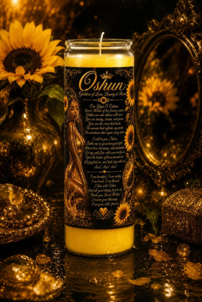 Bring radiant golden energy to your spiritual space with this beautifully designed Oshun 7-Day Prayer Candle. Inspired by Oshun’s associations with love, beauty, sensuality, sweetness, fertility, prosperity, abundance and rivers, this candle makes a striking addition to an altar, prayer space, meditation area or spiritual décor collection.
