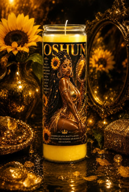 Bring radiant golden energy to your spiritual space with this beautifully designed Oshun 7-Day Prayer Candle. Inspired by Oshun’s associations with love, beauty, sensuality, sweetness, fertility, prosperity, abundance and rivers, this candle makes a striking addition to an altar, prayer space, meditation area or spiritual décor collection.