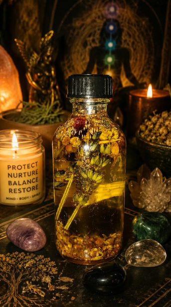 Aura Nurture & Comfort Energy Protecting Hoodoo Oil is a potent blend crafted to harmonize and balance your auric field, shielding you from negative energies and external influences. This sacred oil not only protects your energy field but also replenishes and nourishes your true self, fostering a deep connection with your higher self. Infused with carefully selected herbs and resins, it serves as a spiritual shield, promoting inner peace, clarity, and emotional stability. Use it during meditation, ritual work, or daily anointing to maintain a strong, vibrant aura and ensure your energy remains pure and aligned with your highest purpose.