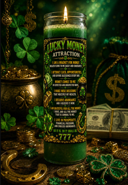 Invite the energy of prosperity, financial opportunity, luck, and abundance into your spiritual practice with this bold Lucky Money Attraction 7-Day Prayer Candle.