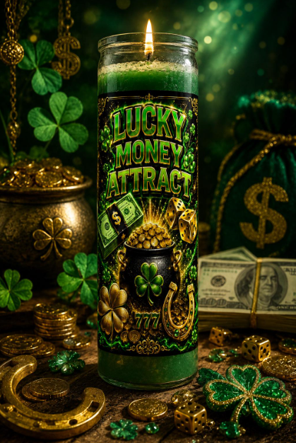 Designed around classic symbols of prosperity—including four-leaf clovers, gold coins, lucky dice, a horseshoe, money, and 777 symbolism—this candle makes a beautiful addition to money-drawing rituals, manifestation work, prosperity altars, business intentions, and abundance-focused prayer.