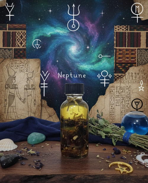 Neptune Energy Frequency Hoodoo Oil is an ethereal botanical infusion crafted to align the spirit with the Neptune current—the planetary force of dreams, intuition, spiritual vision, compassion, divine surrender, and the unseen realms. This oil softens the boundaries of the conscious mind, allowing insight, messages, and soul memory to rise gently to the surface.
Infused with Neptune-aligned herbs, flowers, and resins, this formula enhances dreamwork, meditation, psychic sensitivity, and emotional healing. It supports those walking spiritual paths, ancestral work, mediumship, and times of deep inner listening. Neptune Energy Frequency Hoodoo Oil does not push—it invites, dissolving ego noise so truth can be felt rather than forced.