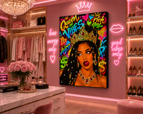 Queen of Vibes Rich Gal Neon Glam Aura Graffiti Pop Art Stretched Canvas with Black Matte Edge and Back for Gallery Style Aesthetic - Size - 26"x40"