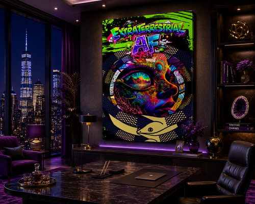 Step beyond ordinary reality and enter a vibrant cosmic dimension where alien consciousness, visionary landscapes, sacred symbolism, and psychedelic imagination collide. This electrifying artwork features a mesmerizing celestial portrait infused with neon galaxies, UFOs, cosmic landscapes, a mystical serpent, and an eye reflecting an otherworldly universe.