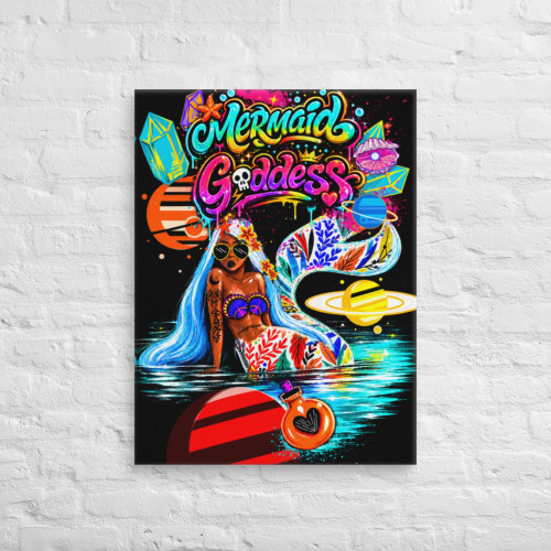 Neon Fantasy Mermaid Ocean Goddess Stretched Art Canvas - Urban Cosmic Fantasy Wall Decor