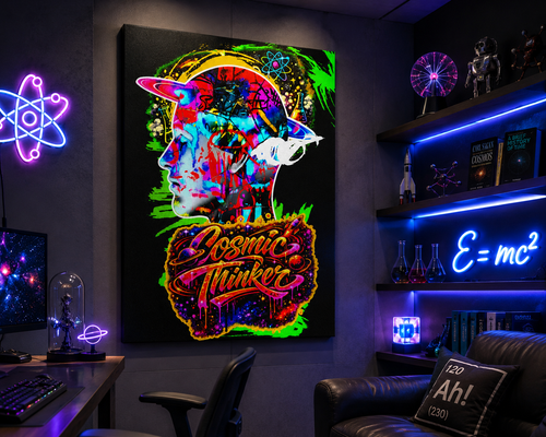 Ignite your imagination with this electrifying Cosmic Thinker artwork, a vibrant fusion of science, creativity, and cosmic exploration. Featuring a colorful abstract human profile surrounded by planets, atomic symbols, laboratory flasks, and graffiti-inspired elements, this statement piece celebrates curiosity, innovation, and limitless possibilities.
