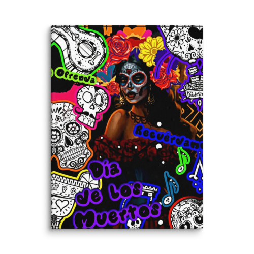 Día de los Muertos Celebration Stretched Canvas Art – Day of the Dead Stretched Wall Hanging - Altar Art Decor