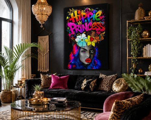 Bring bold color, free-spirited energy, and urban artistry into your space with this stunning Hippie Princess Graffiti Art Canvas. Featuring vibrant neon colors, oversized graffiti lettering, whimsical floral elements, and a striking feminine portrait, this artwork blends bohemian soul, street art culture, and modern pop-art aesthetics into one unforgettable statement piece.