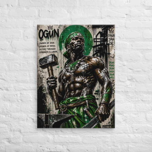 Honor the indomitable spirit of Orisha Ogun, the powerful Yoruba deity of iron, warfare, labor, craftsmanship, technology, roads, and protection, with this striking canvas wall art. Revered as the divine warrior and path-opener, Ogun represents resilience, determination, courage, and the strength to overcome obstacles.