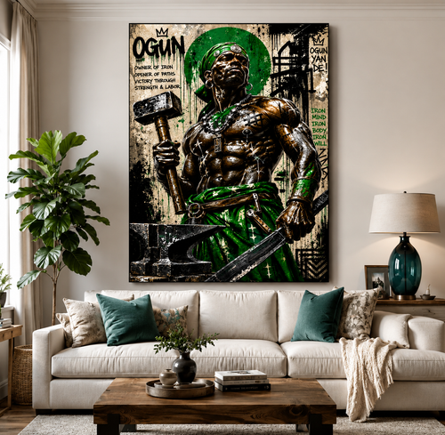 Orisha Ogun Stretched Art Yoruba Warrior Deity - Afrocentric Spiritual Decor Canvas Art - Sacred Wall Art