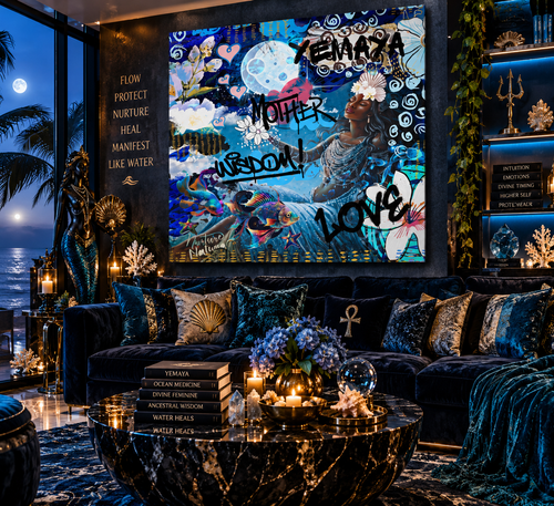 Honor the Orisha Yemayá, the divine mother of the ocean, with this stunning abstract graffiti wall art canvas. This bold, modern piece fuses urban street art with Afro-spiritual mysticism, capturing the powerful essence of Yemayá through dynamic colors, sacred symbols, and fluid movement.