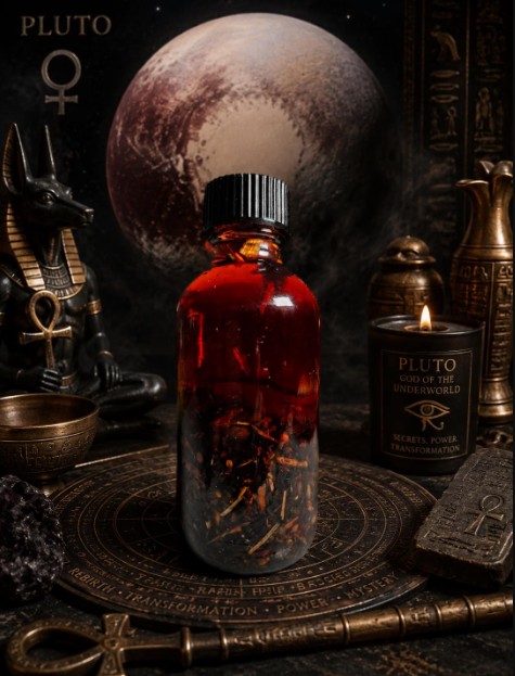 Inspired by the planet Pluto—the celestial force of transformation, hidden wisdom, regeneration, and powerful life changes—this handcrafted ritual oil can be incorporated into meditation, candle rituals, altar work, planetary magic, manifestation practices, and spiritual cleansing.