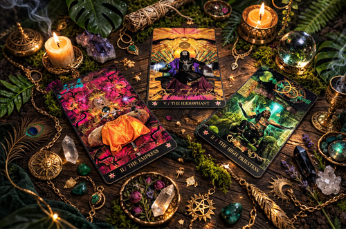 The Starman Tarot is a 78-card visionary deck inspired by the transcendent artistry and shapeshifting spirit of David Bowie. This deck channels the energy of the cosmic traveler—blending philosophy, shamanic insight, and futuristic symbolism into a powerful divination tool.