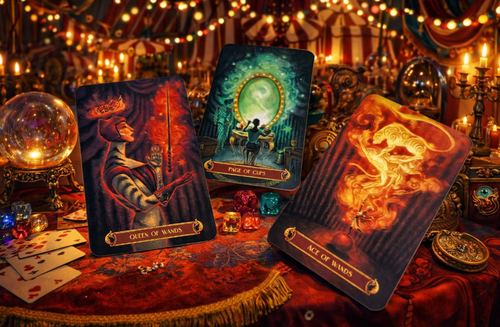 The Cirque Du Tarot Deck is a captivating 78-card journey through a world where intuition performs beneath glowing lanterns and secrets hide behind velvet curtains. Within this enchanted circus realm, every act holds symbolic wisdom and every performer carries a message from the unseen.