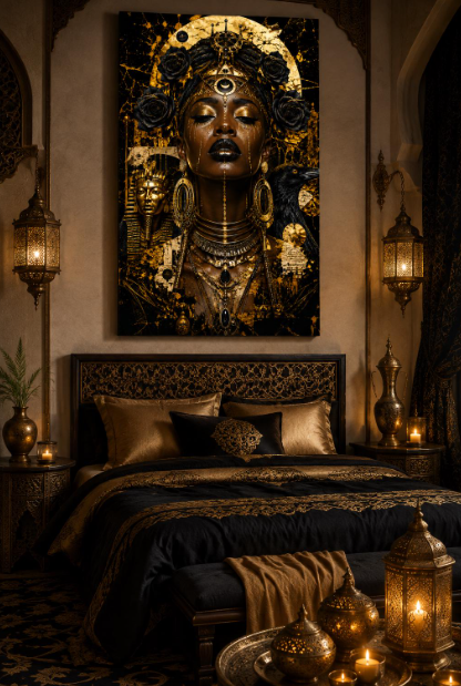This Luxury Nubian Priestess Goddess Art Canvas blends regal feminine energy, ancient Egyptian-inspired symbolism, gothic mysticism, and avant-garde maximalism into one commanding statement piece.
